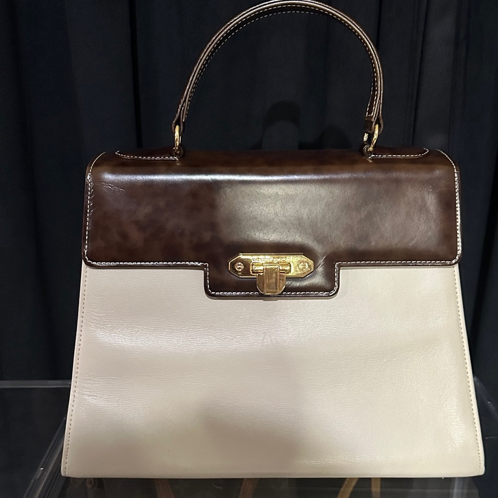 Valentino Garavani Two-Tone Cream and Dark Brown Leather Top-Handle Satchel